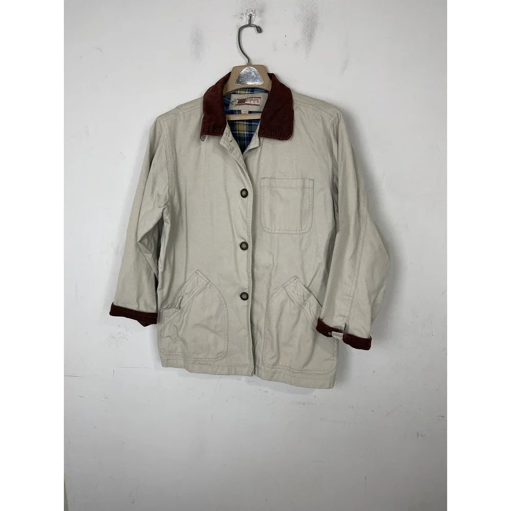 Faded Glory Womens Tan Button Front Field Jacket Red Collar Plaid‎ Lining